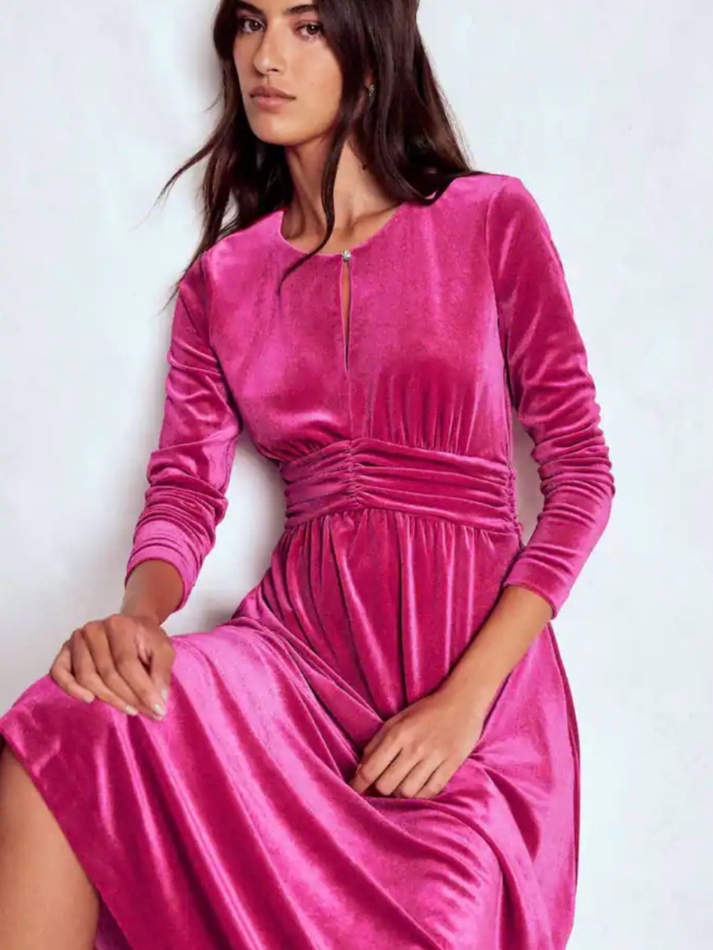 BODEN NWT Tilda Velvet Midi Dress in Vibrant Pink Long Sleeve. Pit-pit 20 (mix33